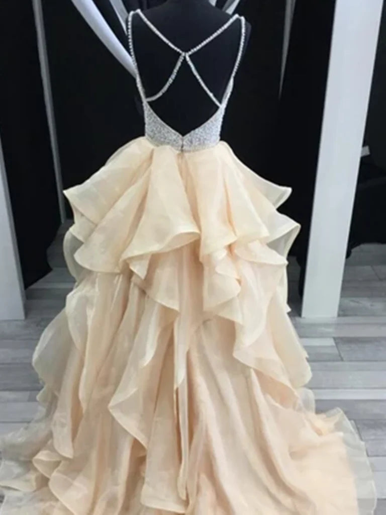 Back view of the A-line V-neck beaded tulle long prom dress.
