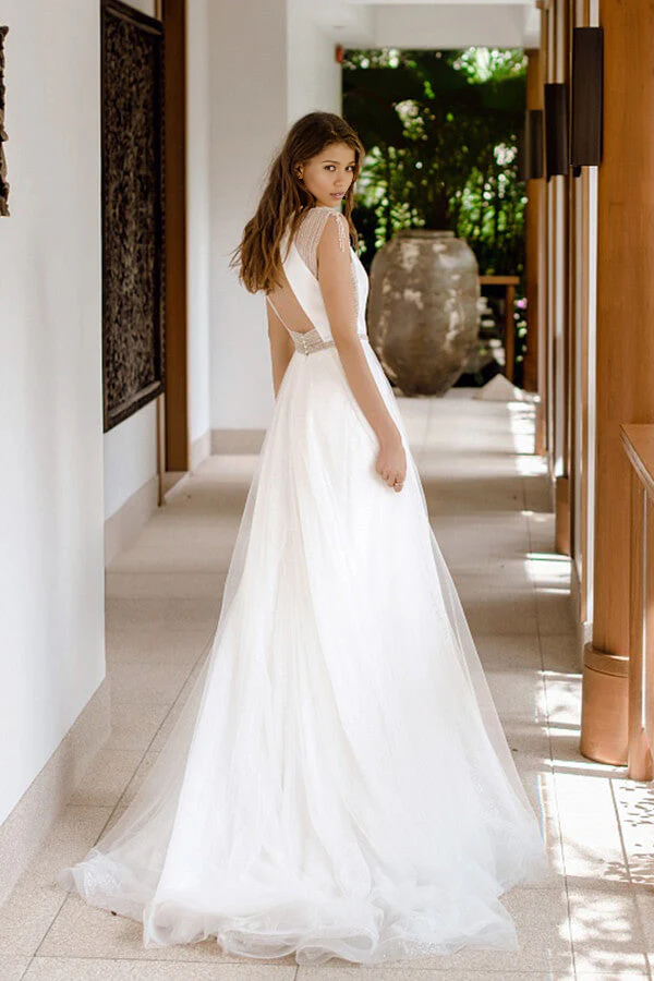 Back view of A-line wedding dress featuring an open back design.