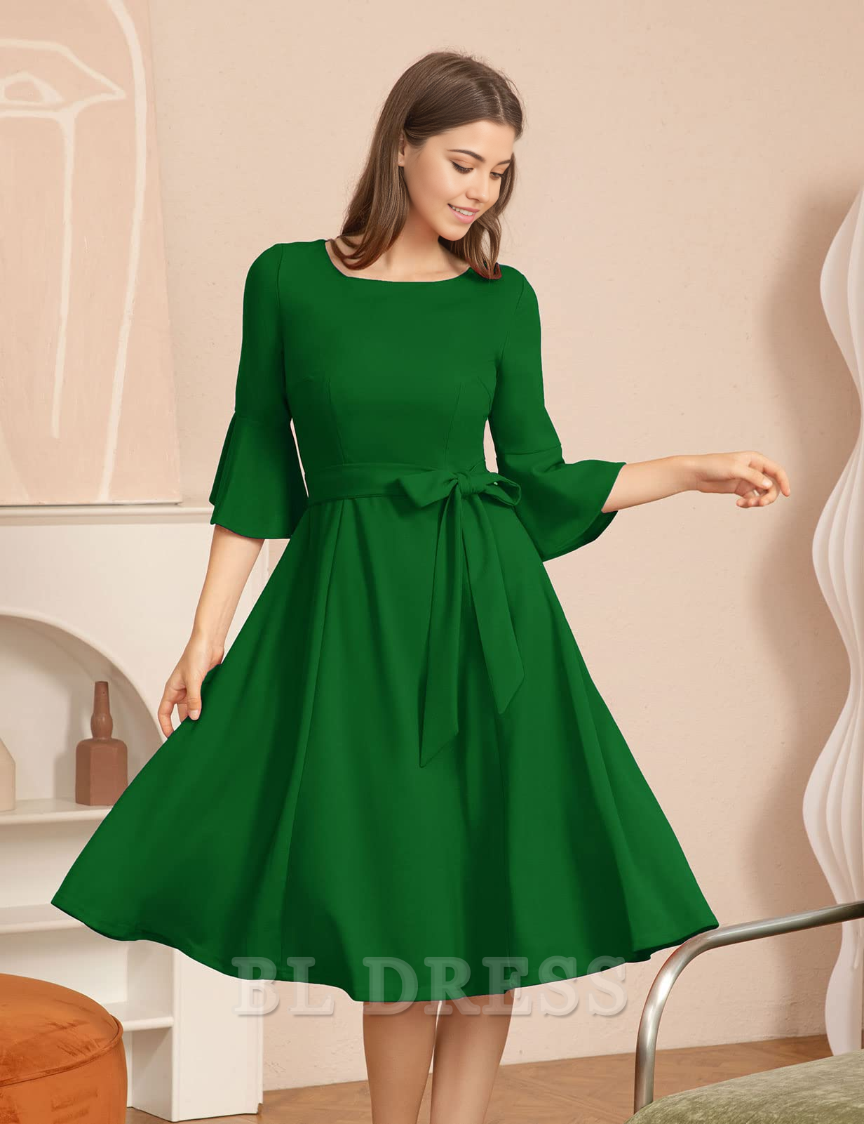 Elegant A-line V-neck formal dress with bell sleeves.