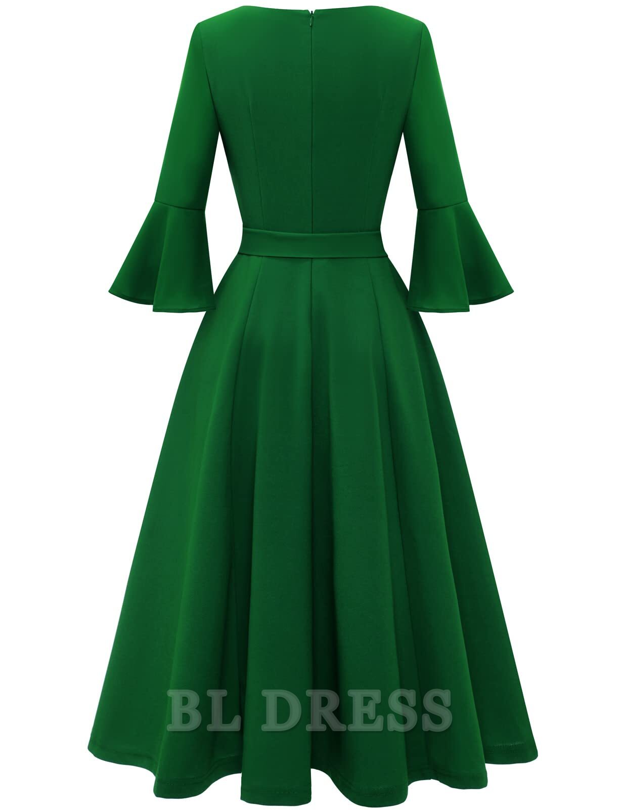 Back view of A-line V-neck formal dress with bell sleeves.