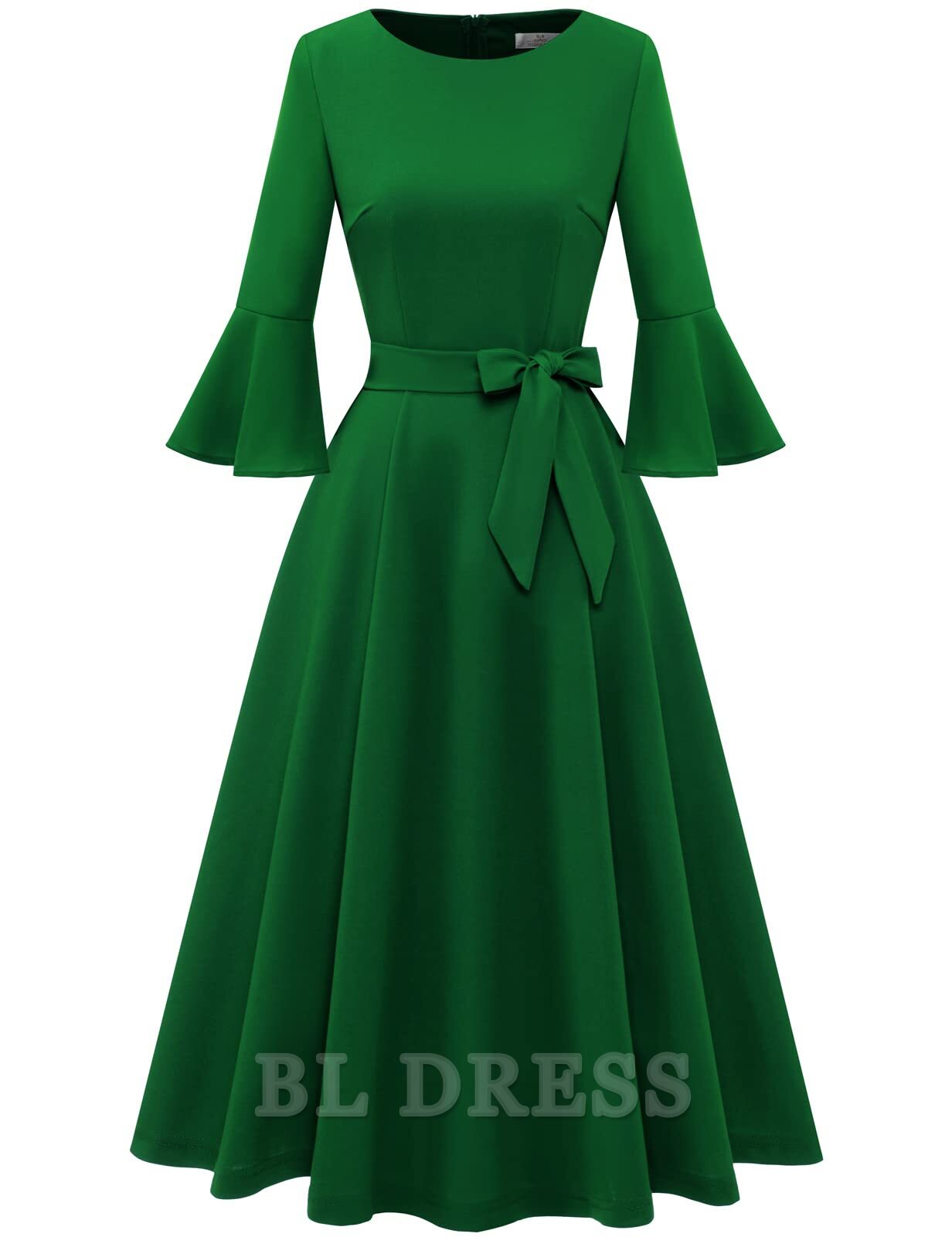 Side view of A-line V-neck formal dress with bell sleeves.
