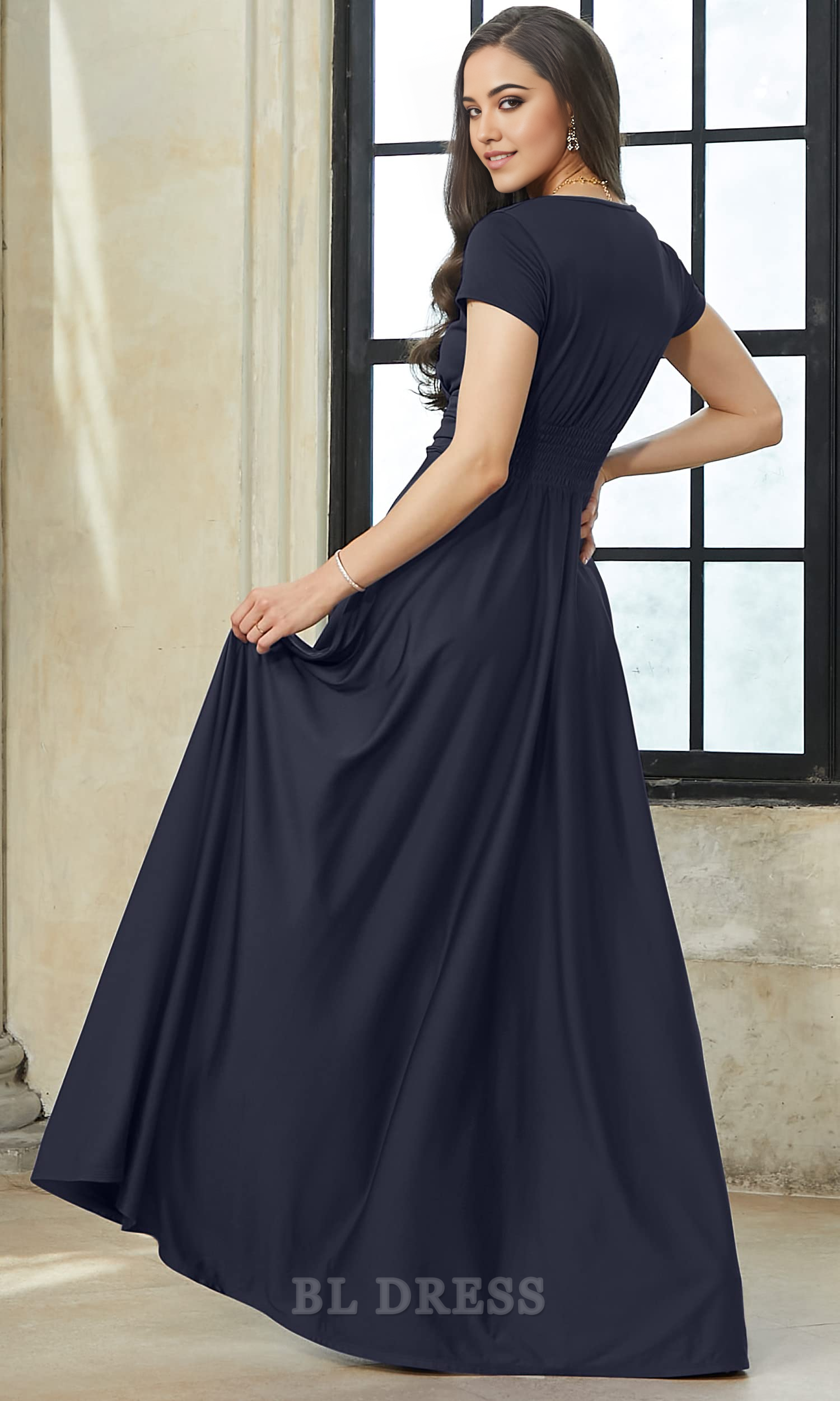 Side view of an A-line V-neck cap sleeve formal dress in burgundy.