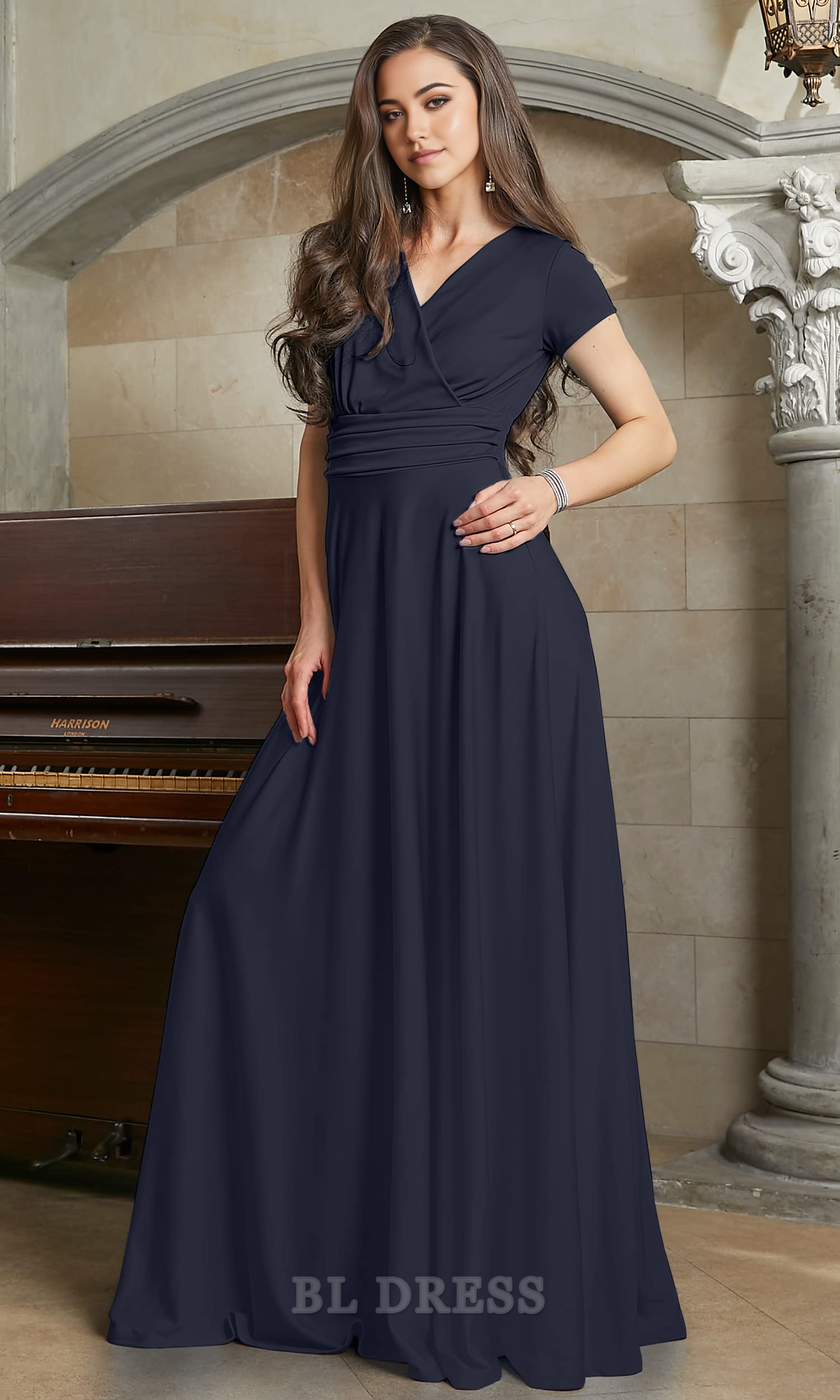 Back view of an A-line V-neck cap sleeve formal dress in burgundy.