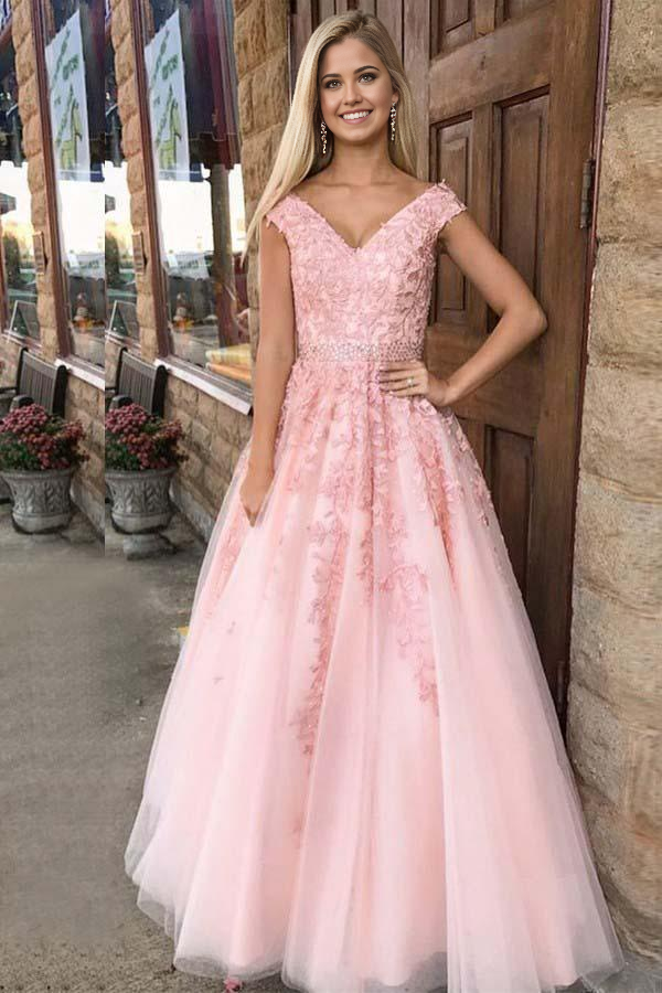 Elegant pink A-line prom dress featuring a V-neck, cap sleeves, and intricate beaded tulle appliques.