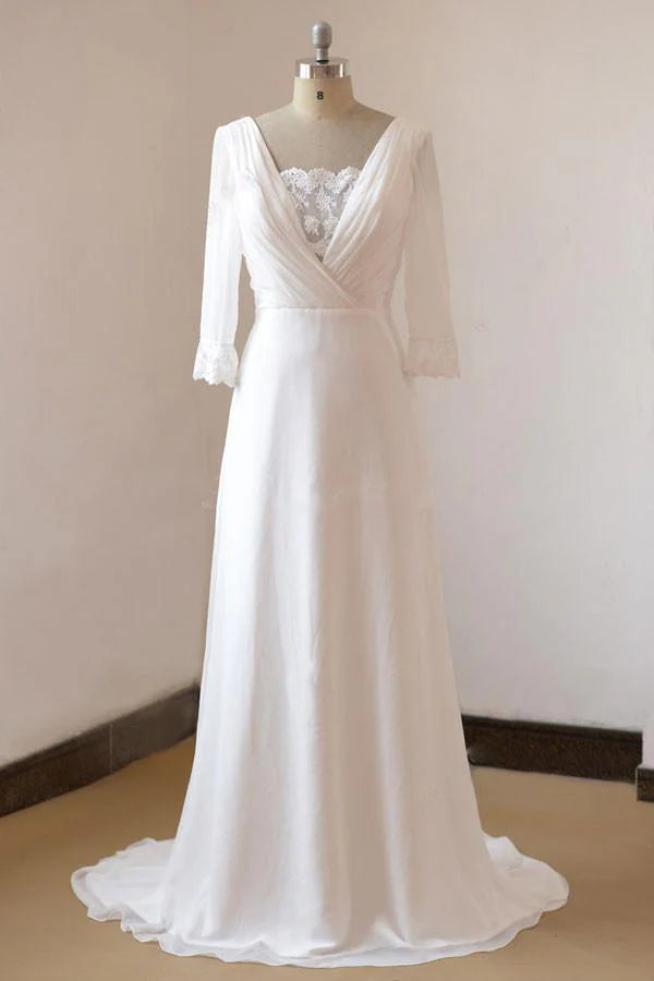 Elegant A-line chiffon backless long wedding dress with sleeves, front view.