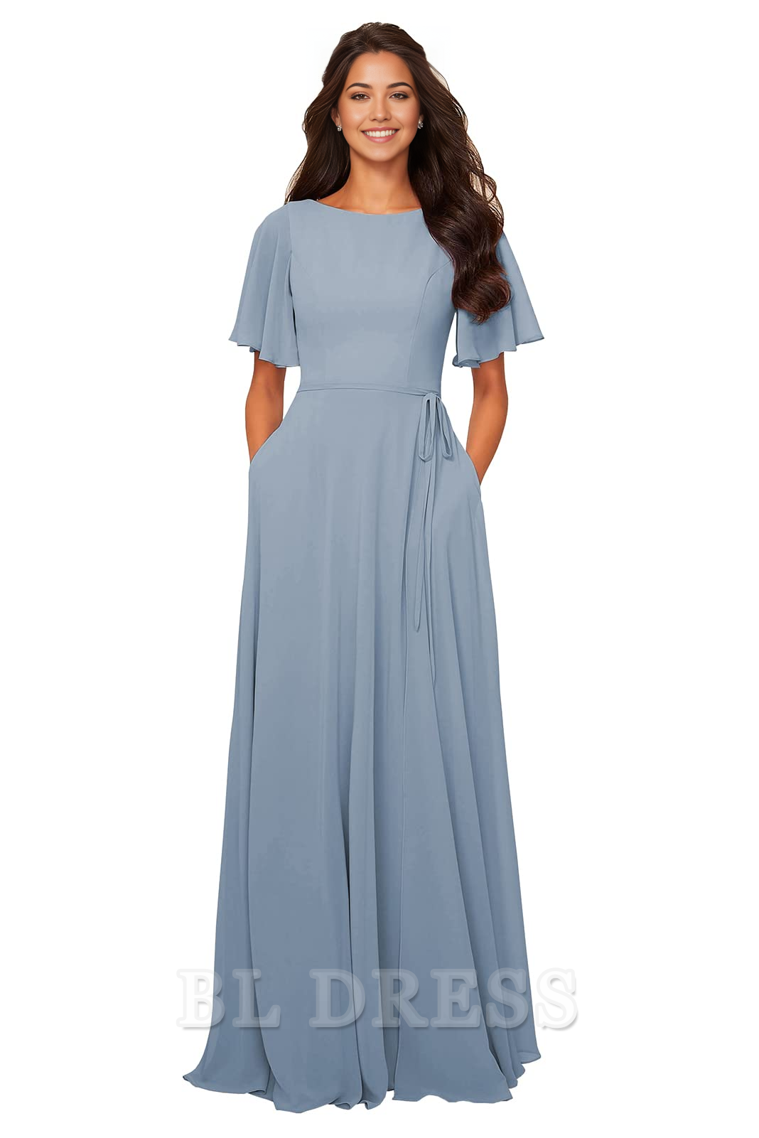 Close-up of the V-neckline and bodice of the chiffon formal dress with a sash.