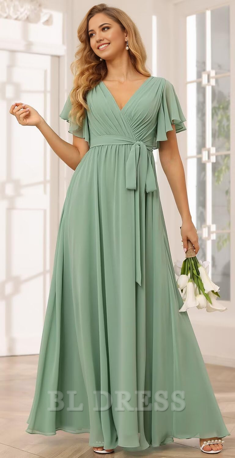 Side view of an elegant A-line chiffon dress with flutter sleeves.