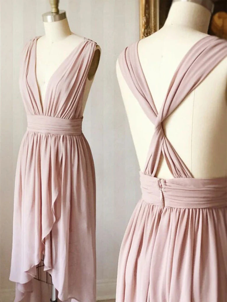 Woman wearing an elegant A-line V-neck high-low chiffon prom dress.