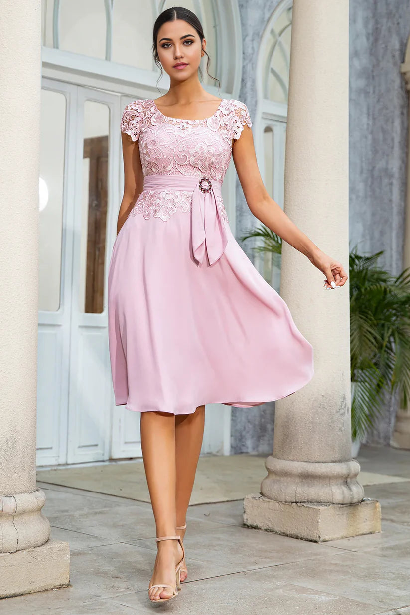Elegant A-line chiffon Mother of the Bride dress with lace details and V-neckline.