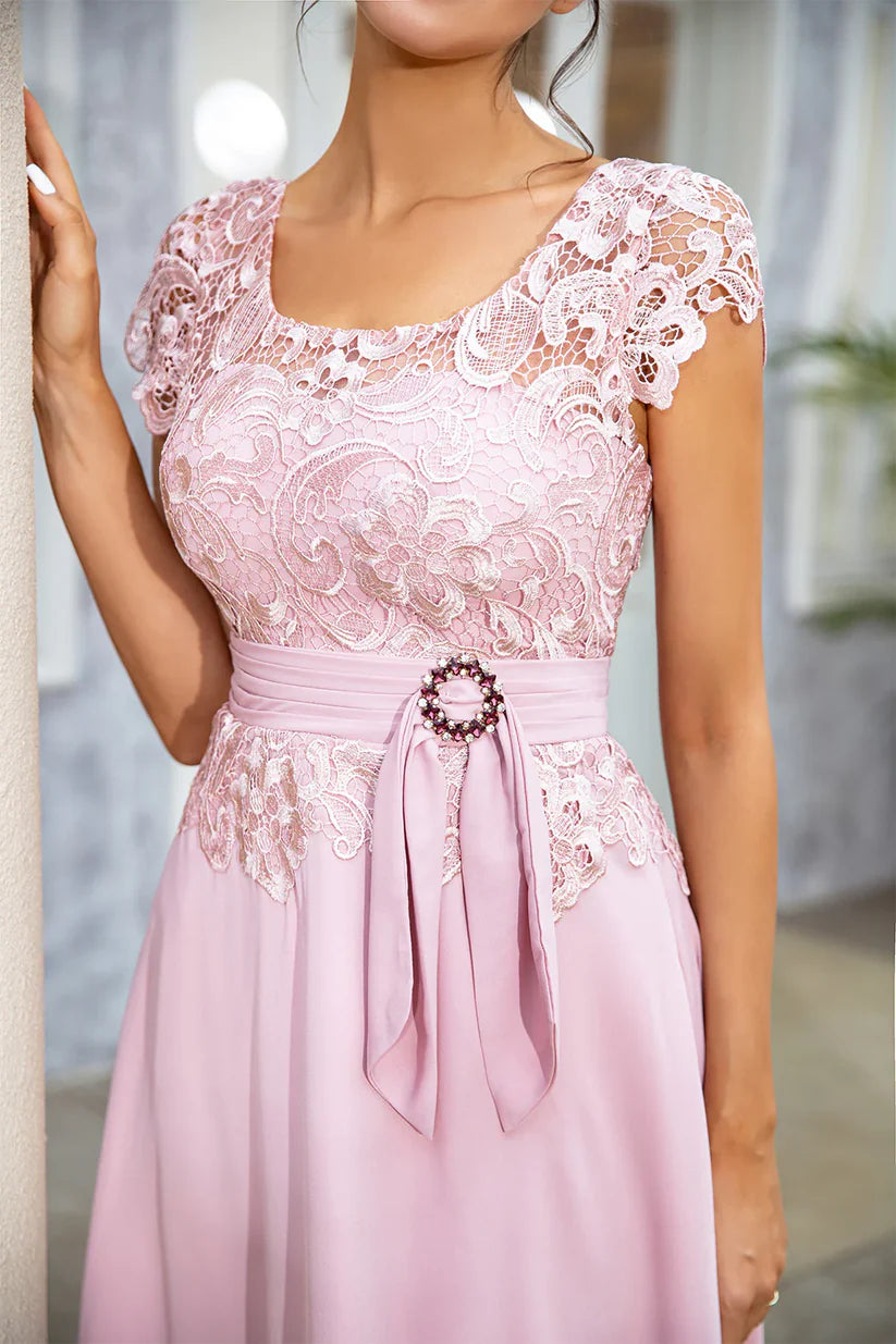 Close-up of the lace and chiffon fabric on an A-line Mother of the Bride dress.