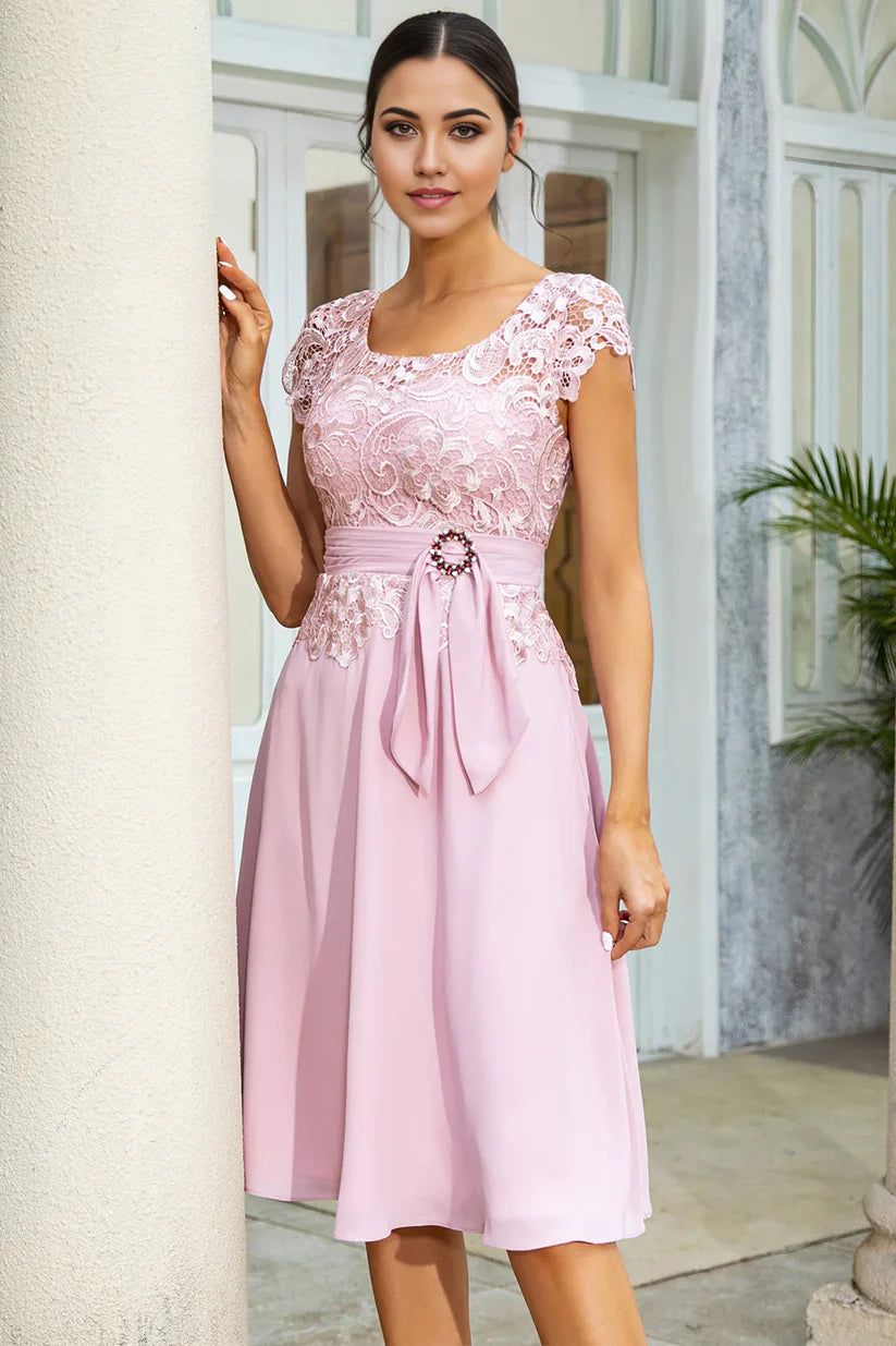 Side view of a graceful A-line V-neck dress in chiffon and lace.