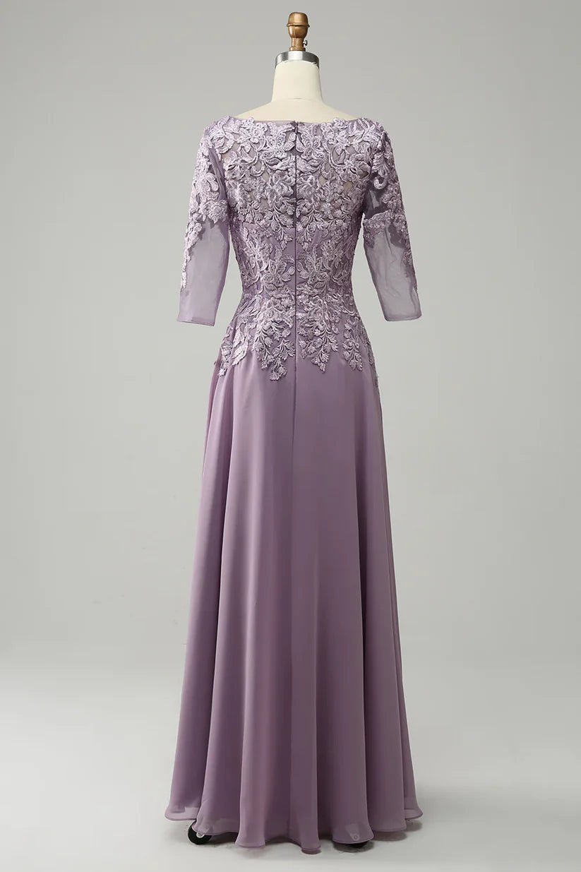 Back view of the A-line chiffon Mother of the Bride dress, showing flowing fabric.