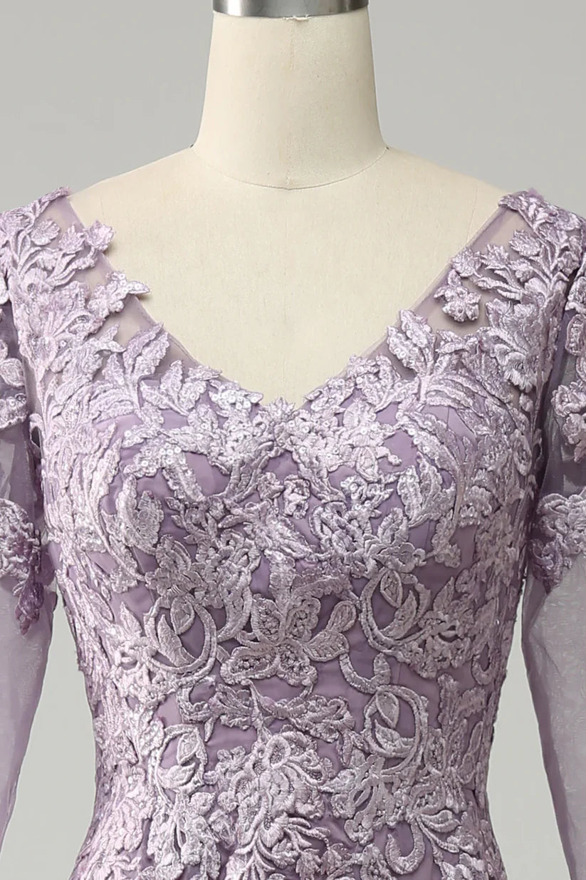 Side view of the A-line chiffon gown, highlighting the silhouette and V-neck.