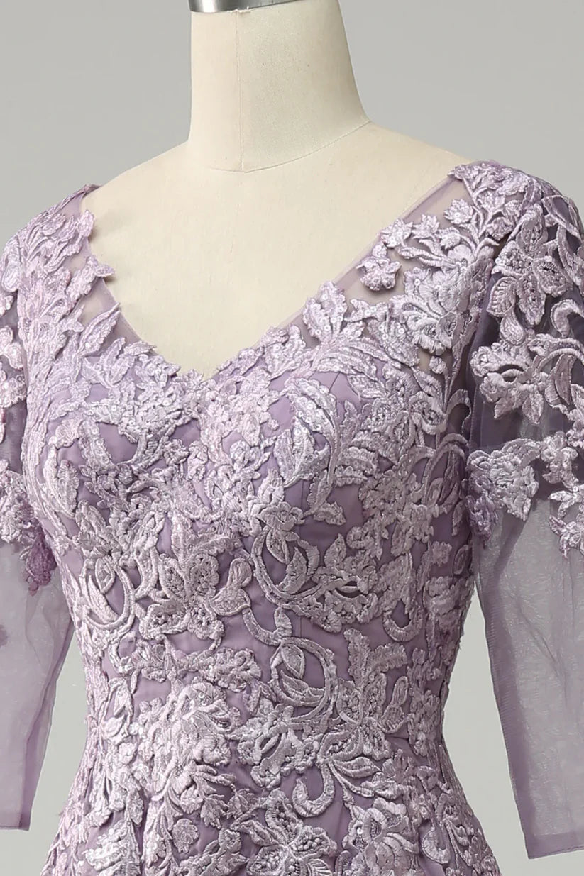 Detailed view of the V-neckline and lace embellishments on the elegant dress.