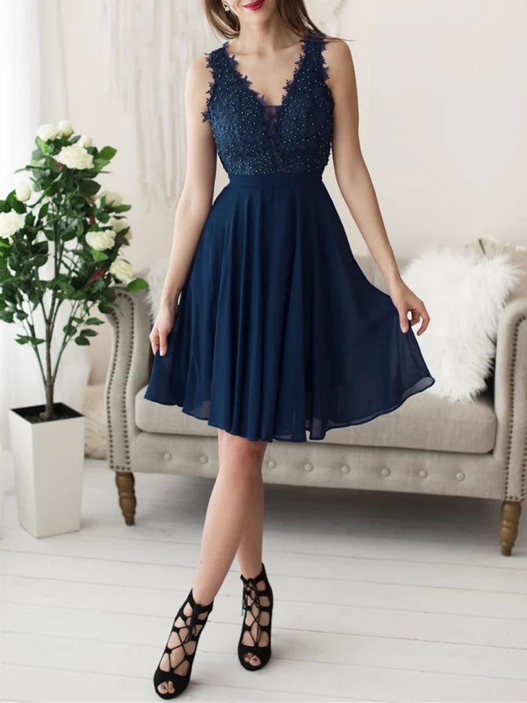 A-line V-neck chiffon lace short dress for prom or homecoming.