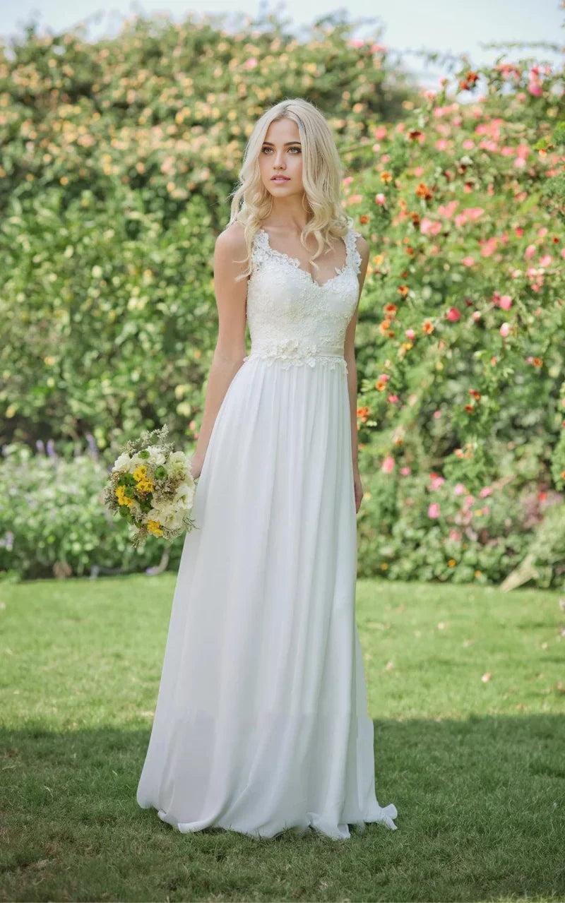 Elegant A-line V-neck chiffon lace wedding dress with beading, front view.