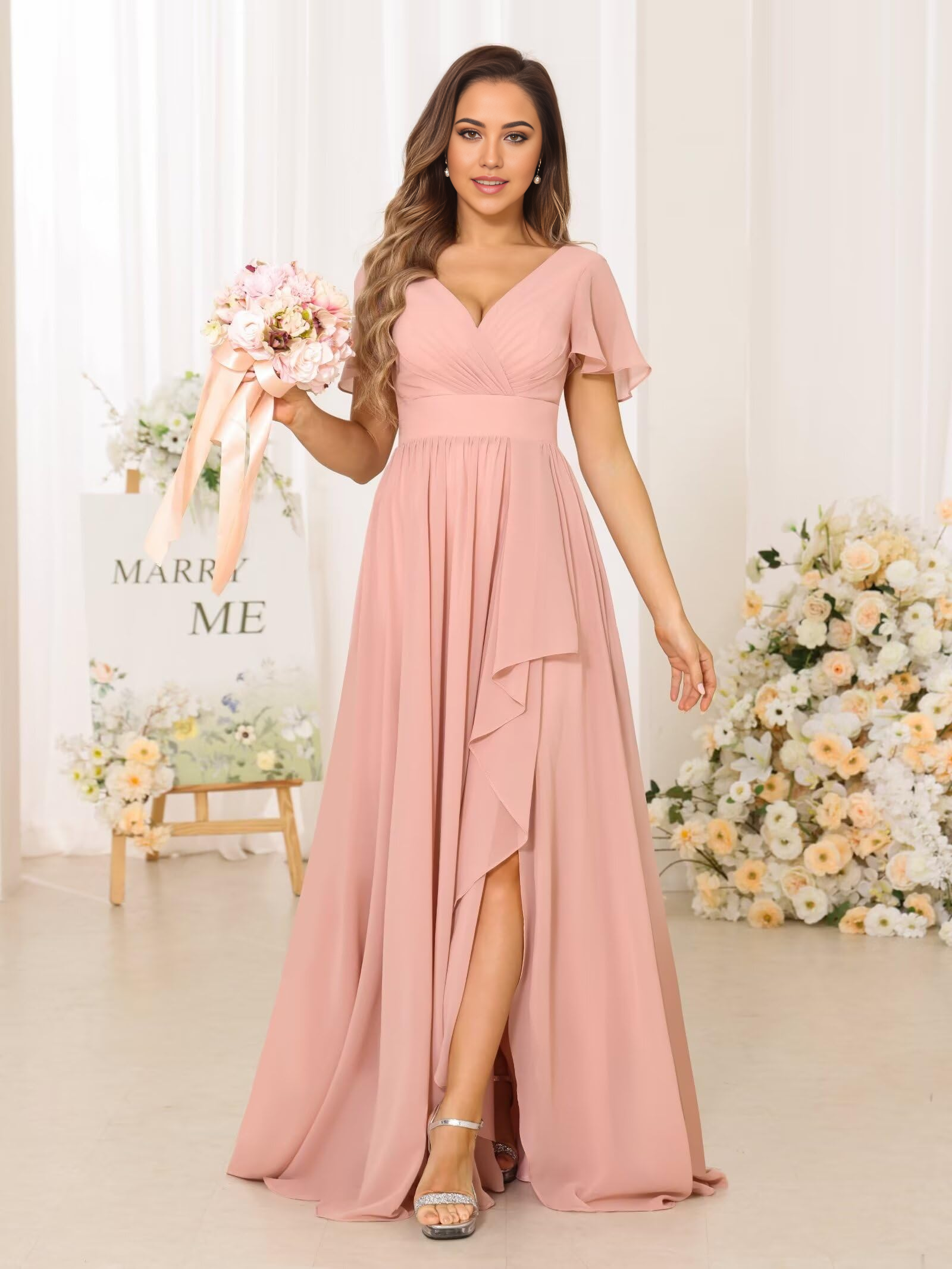 Elegant A-line V-neck chiffon pleated long dress with a slit.