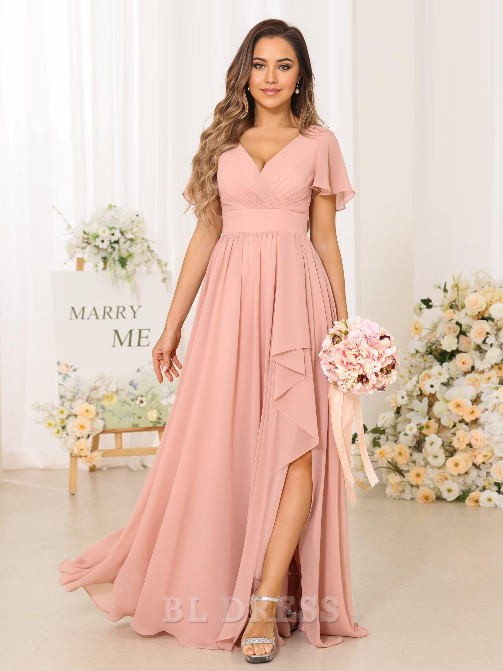 Chiffon A-line dress with a high slit, suitable for evening events.
