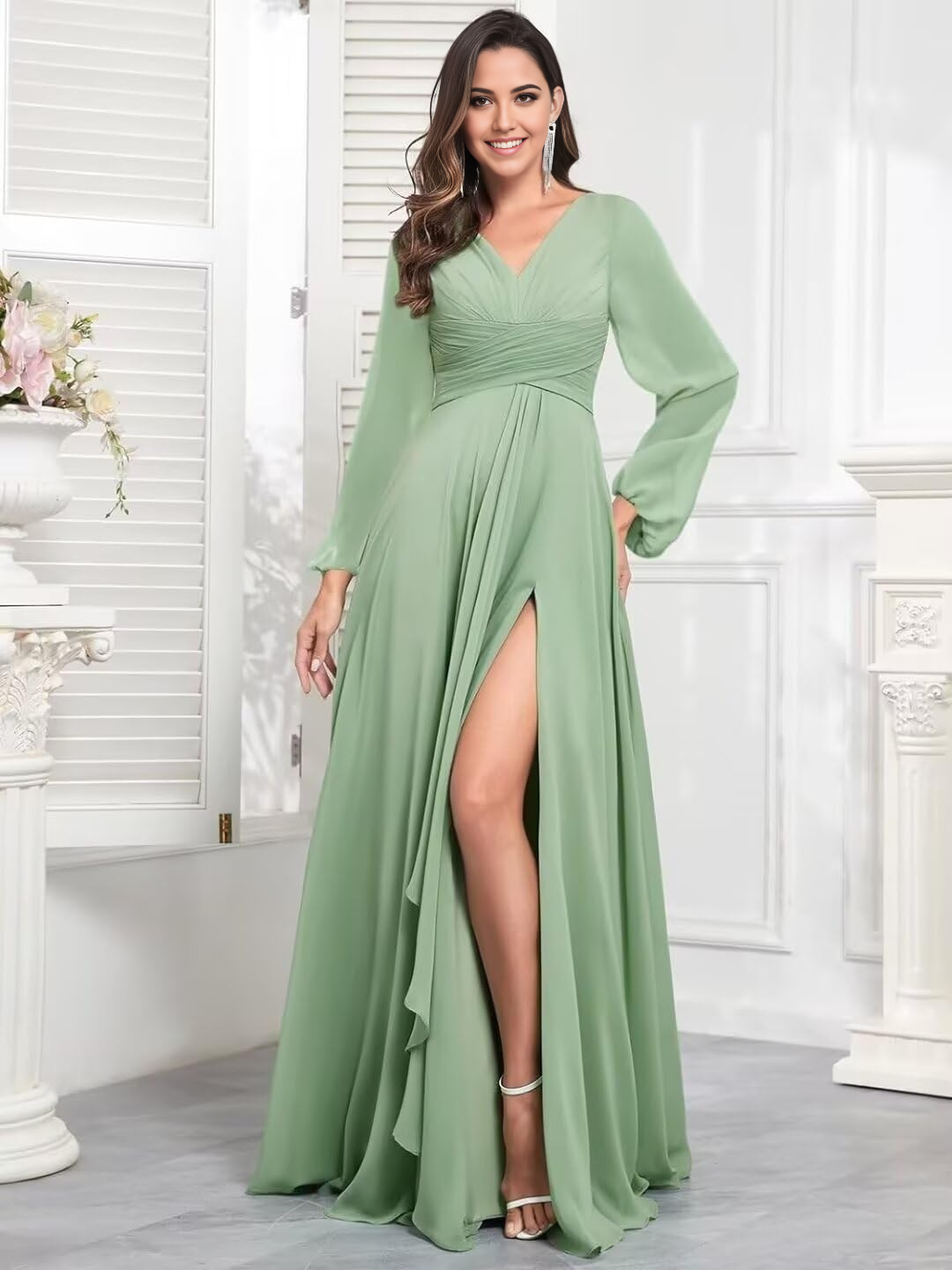 Elegant A-line V-neck formal dress with chiffon sleeves and ruffle detail.