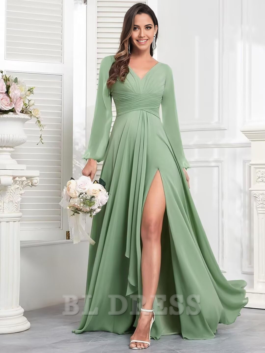 Close-up of the chiffon sleeves and ruffle on the formal dress.