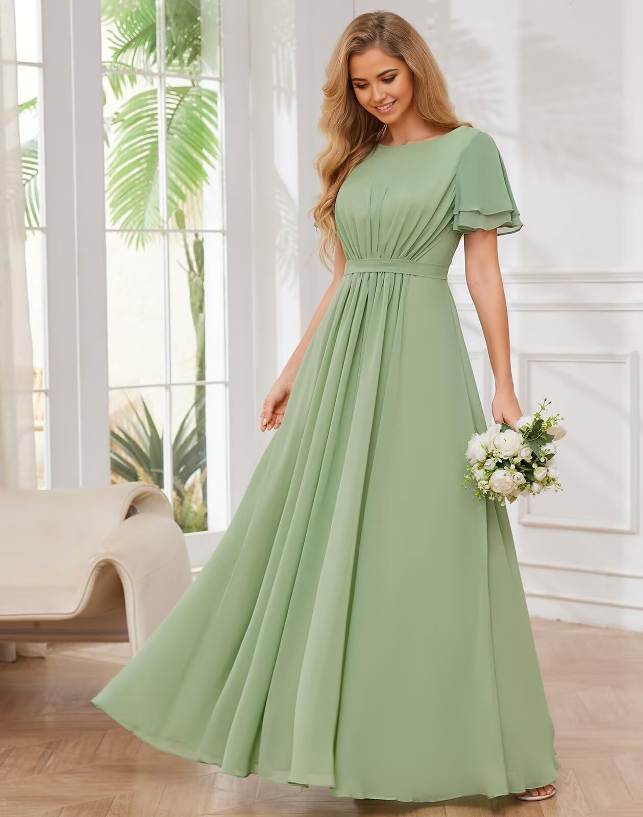 Woman wearing an elegant A-line V-neck formal dress with chiffon sleeves.