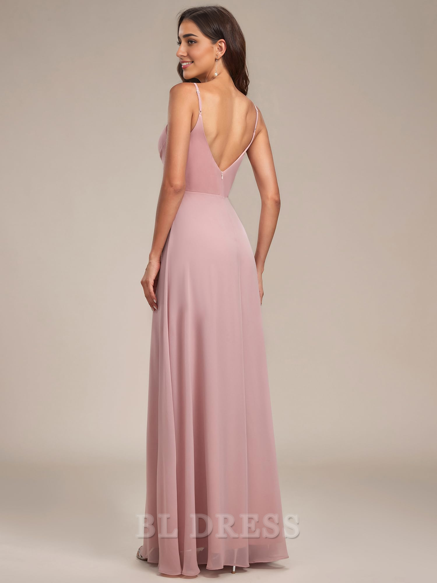 Back view of the A-line V-neck chiffon maxi dress, showing the flowing skirt.