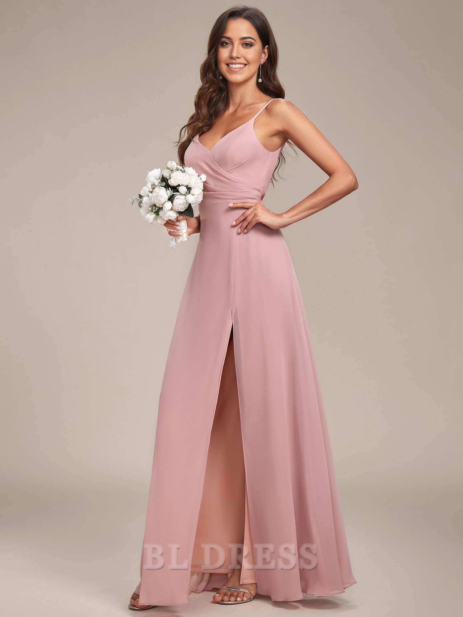 Side view of the A-line V-neck chiffon maxi dress, highlighting the split detail.