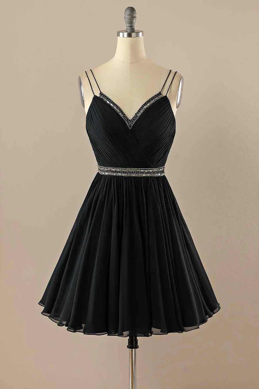 Model wearing an elegant A-line double straps pleated beaded chiffon homecoming dress.