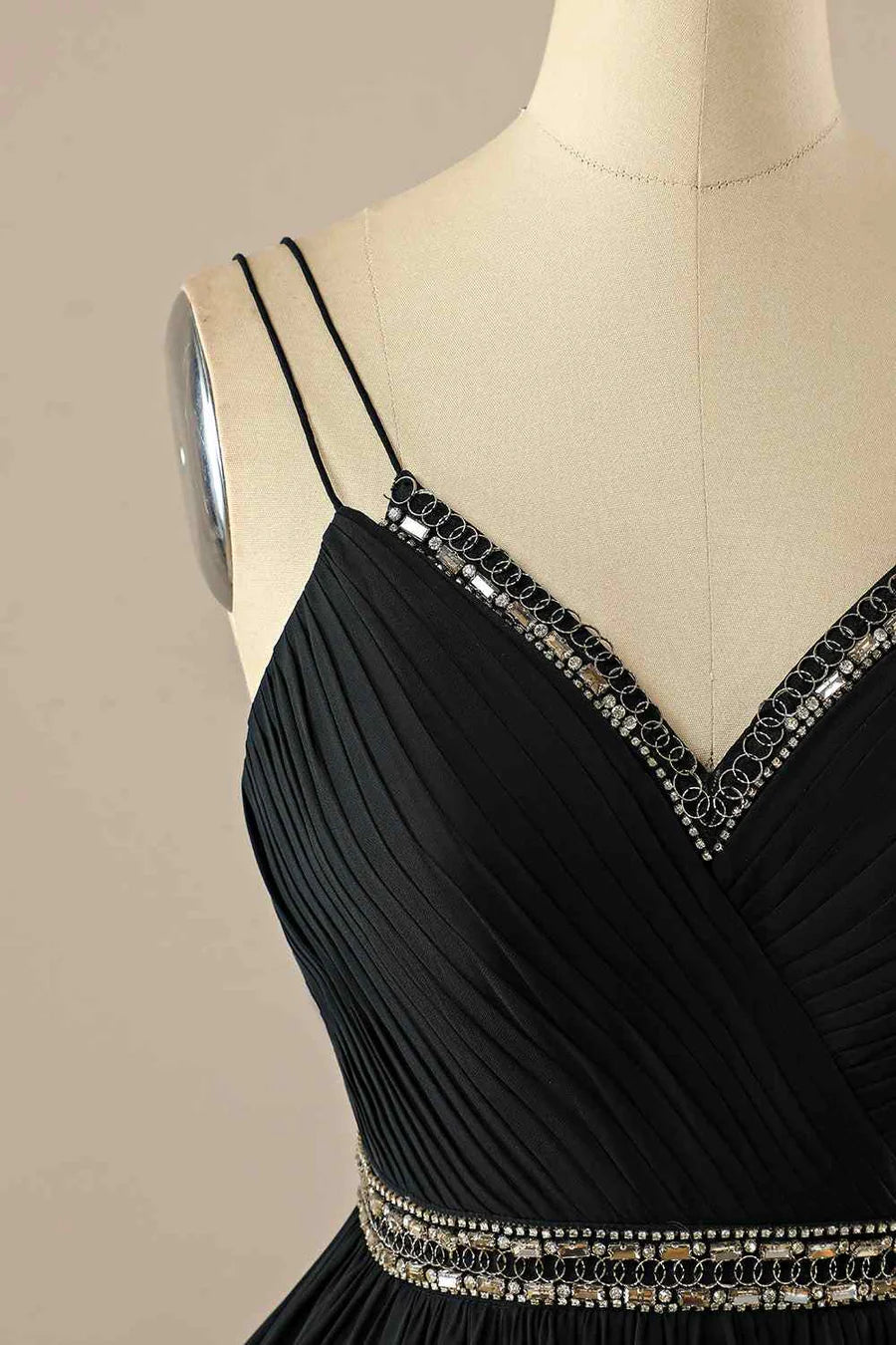Side view of the model in the flowing A-line double straps chiffon dress.