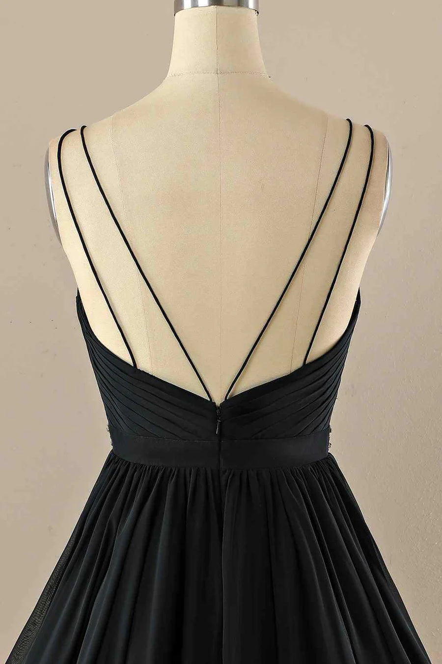Full length view of the A-line double straps pleated beaded chiffon dress.