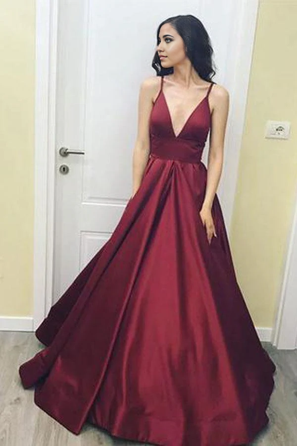 Elegant A-line V-neck satin burgundy prom dress, front view.