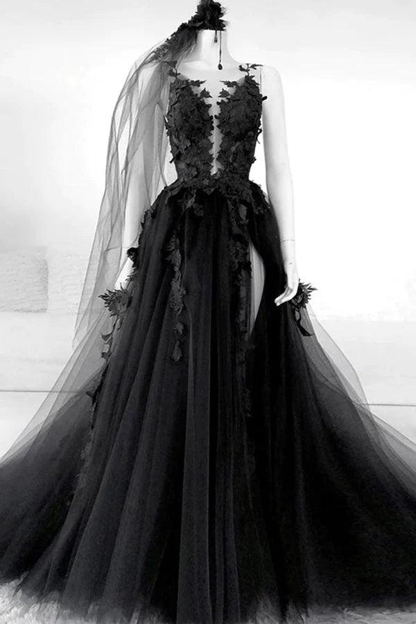 Elegant A-line V-neck floral prom dress with a long split.