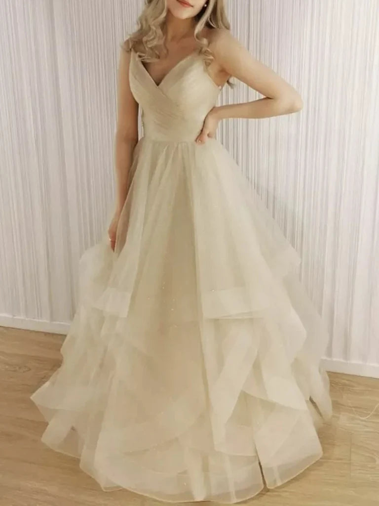 Elegant A-line V-Neck tulle long prom gown.