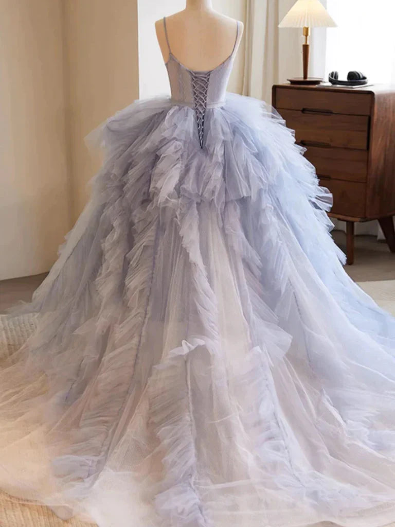 Back view of the A-line tulle prom dress with a dramatic train.