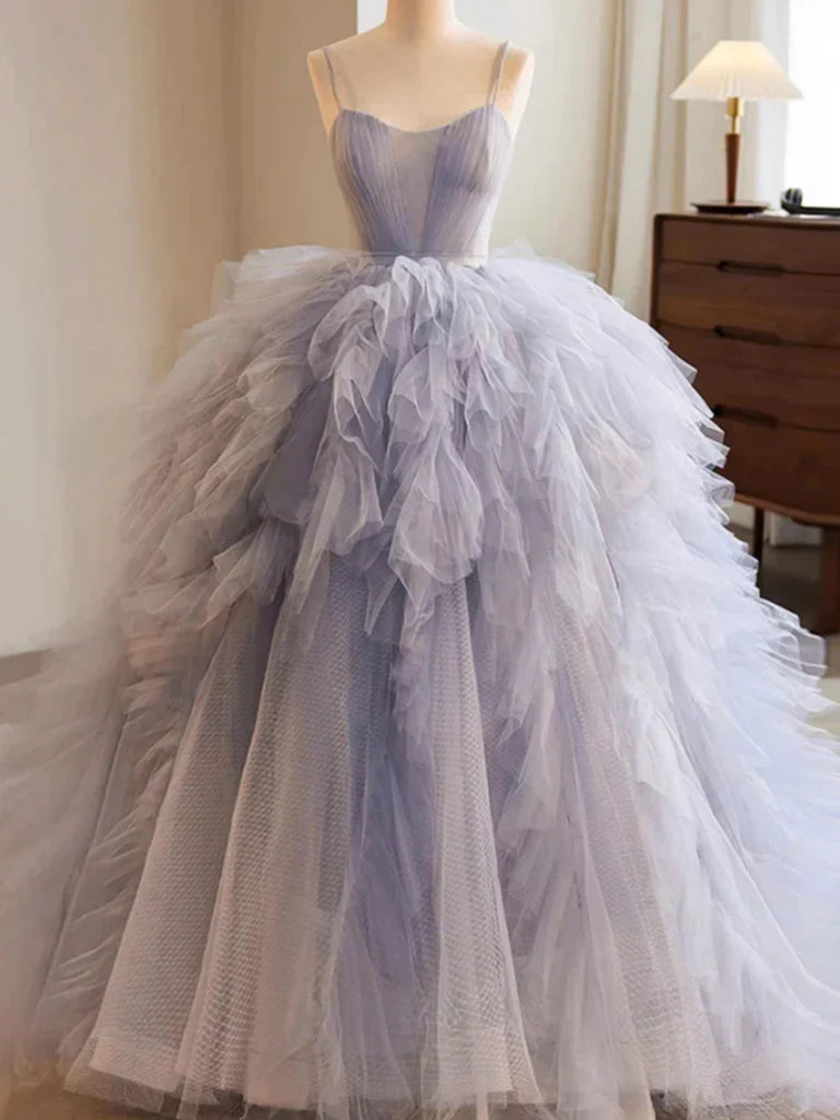Front view of the V-neck A-line fluffy tulle dress.