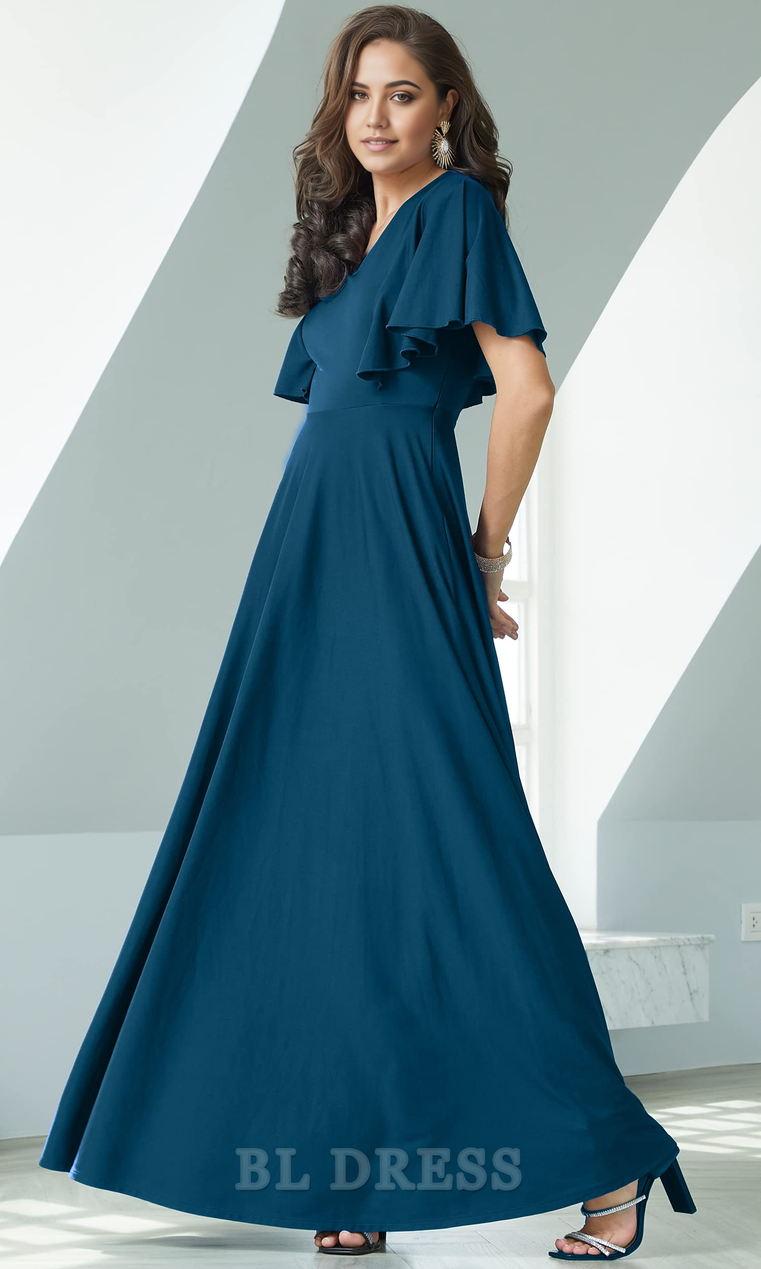 Side profile of an A-line V-neck bridesmaid dress.