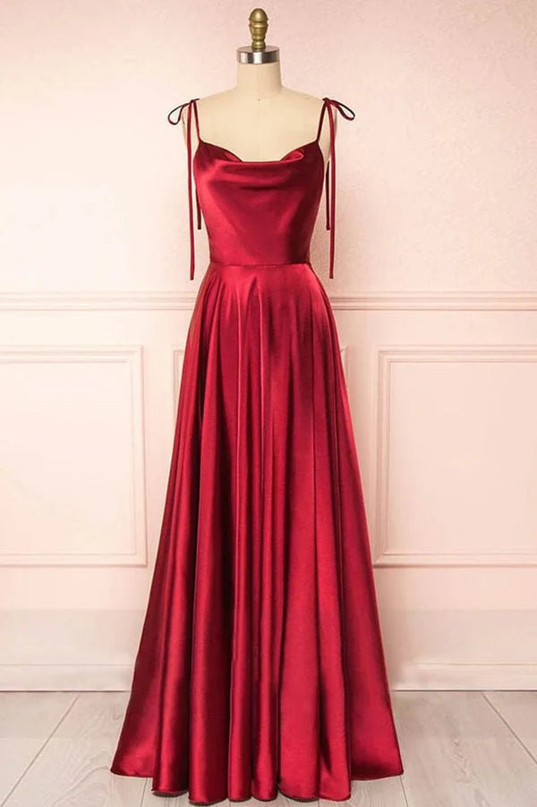 Back view of the flowing A-line long formal dress.
