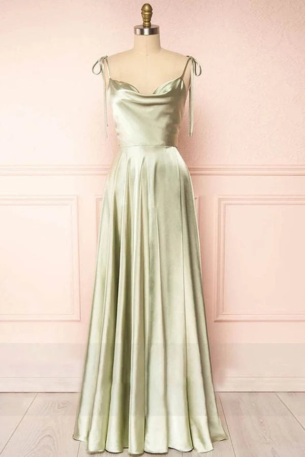 Side profile of the A-line V-neck prom dress with graceful drape.