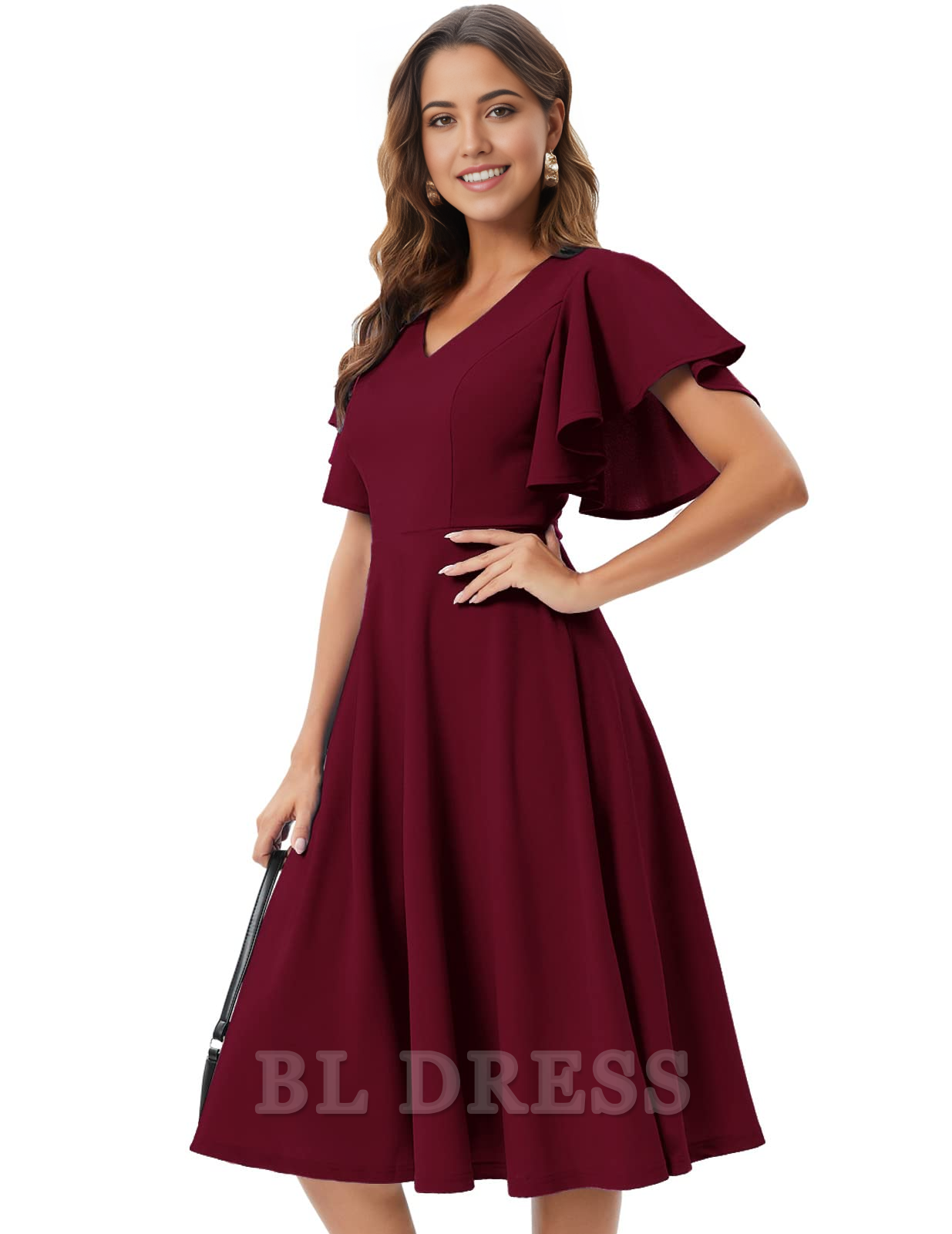Side view of the A-line V-neck tea length bridesmaid dress.