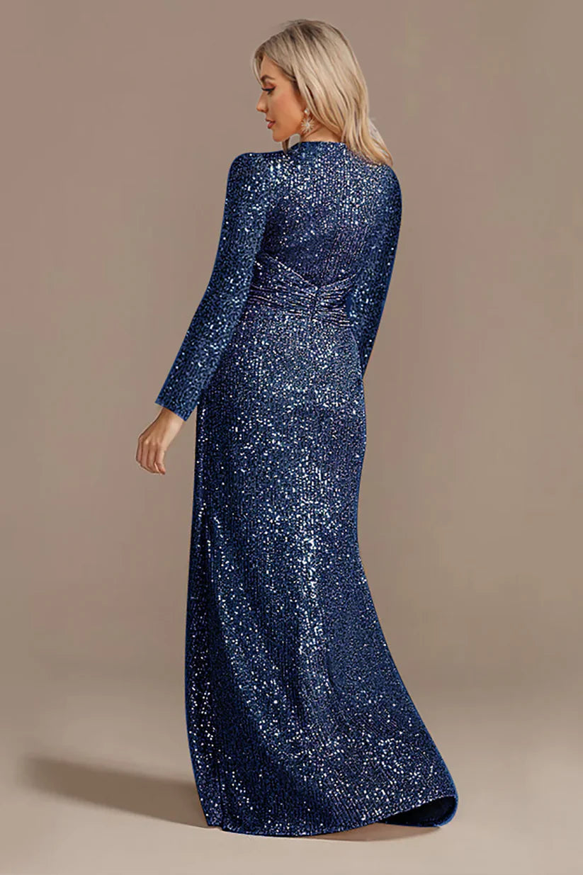 Back view of the A-line glitter gown, showcasing the long sleeves.
