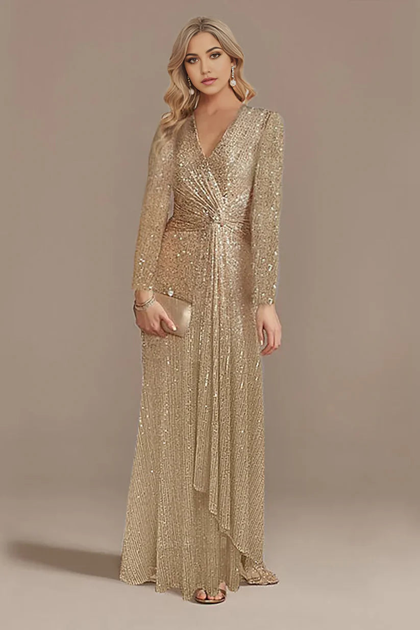 Side profile of the elegant glitter A-line dress with long sleeves.