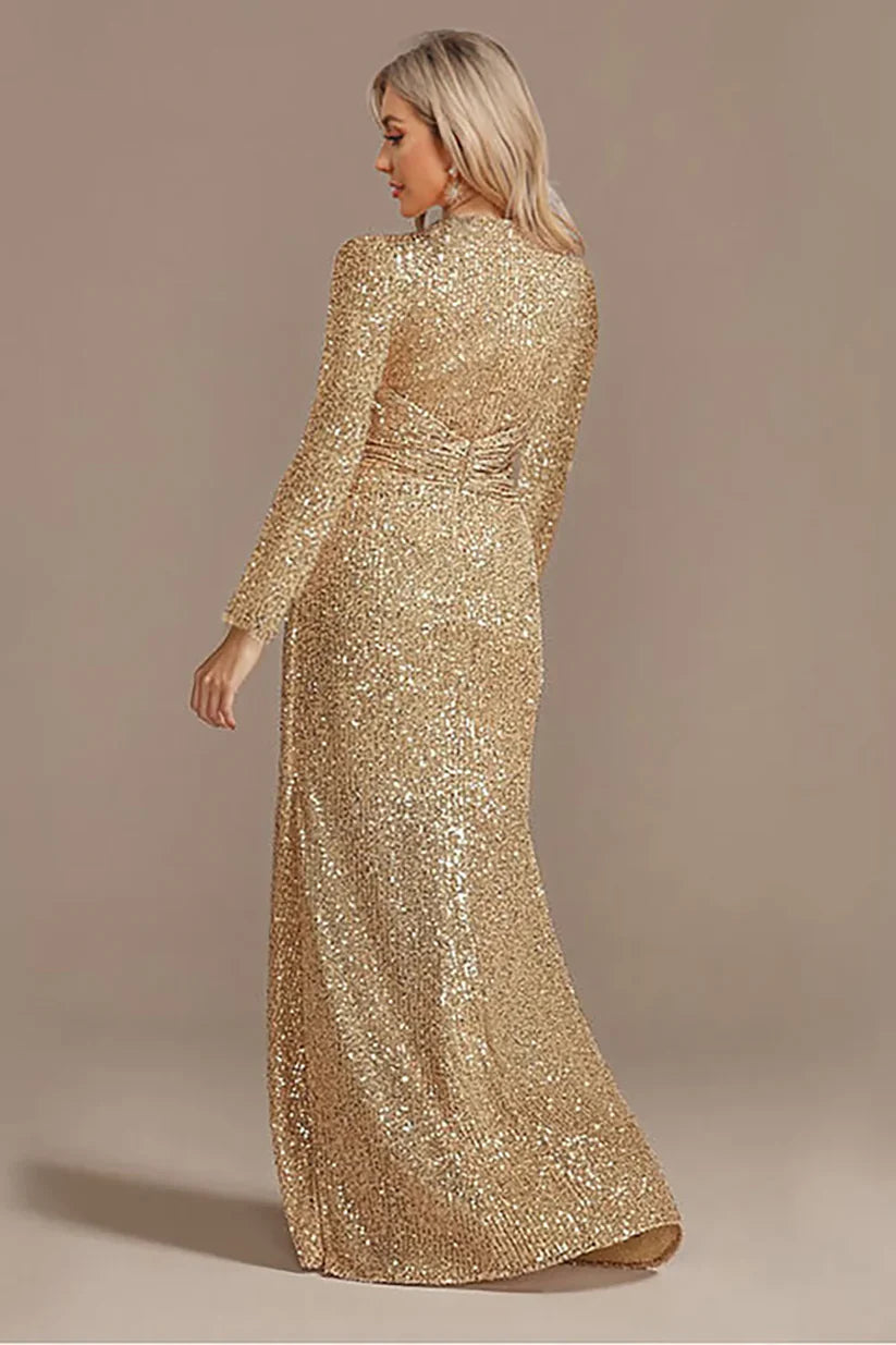 Woman posing in the V-neck glitter Mother of the Bride dress.