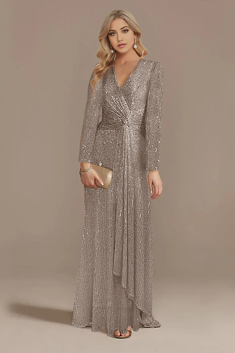 Full length view of the glitter Mother of the Bride dress.