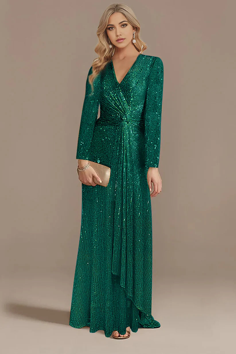 Elegant woman in the long sleeve V-neck glitter dress.