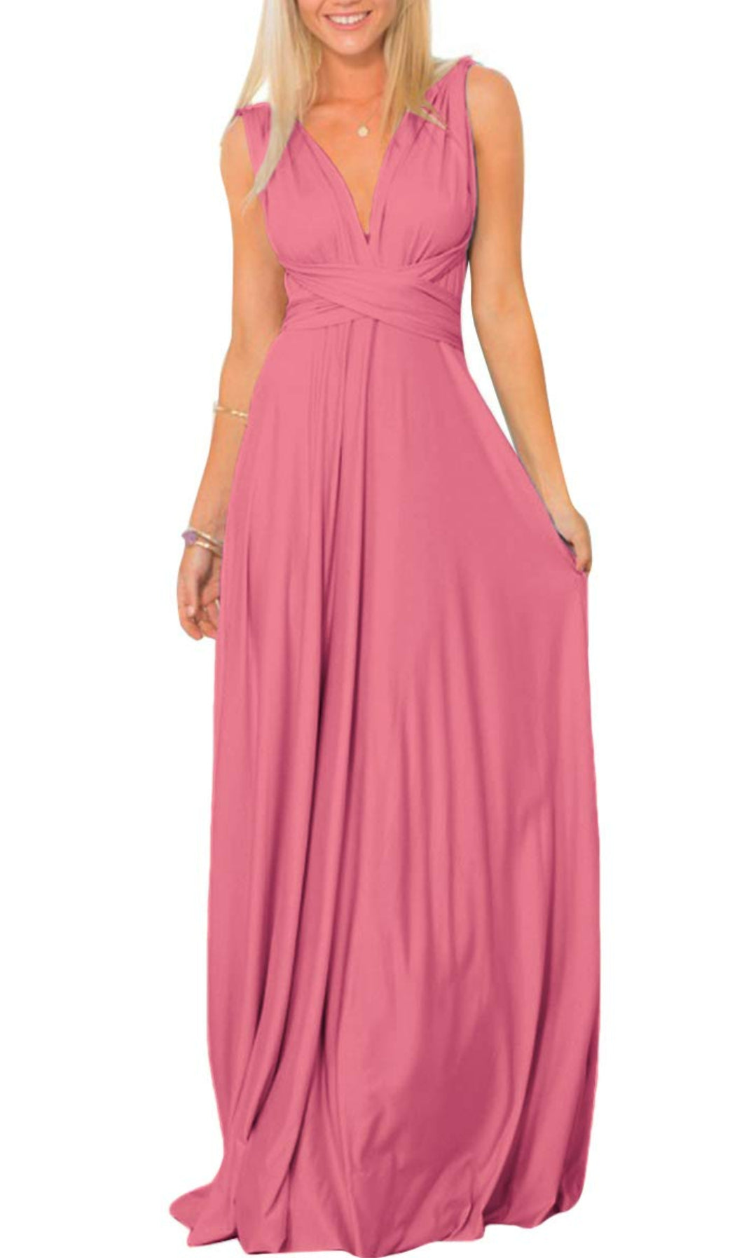 Woman wearing an elegant A-line V-Neck Halter floor-length formal dress.