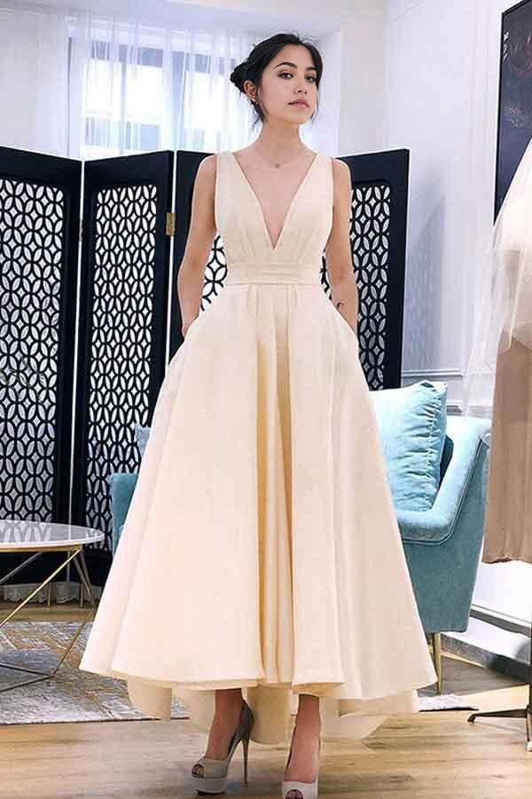 Elegant A-line V-neck high-low prom dress.