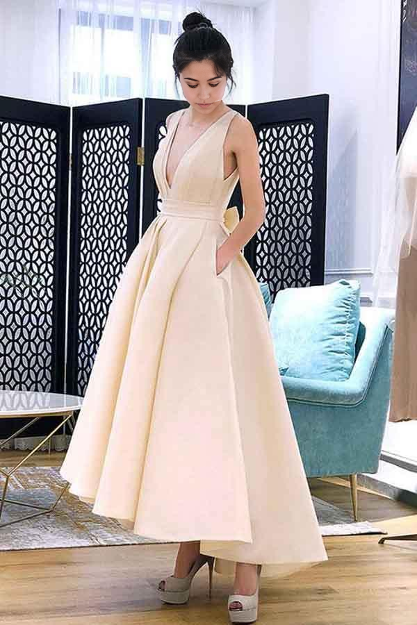 Back view of A-line V-neck high-low homecoming dress.
