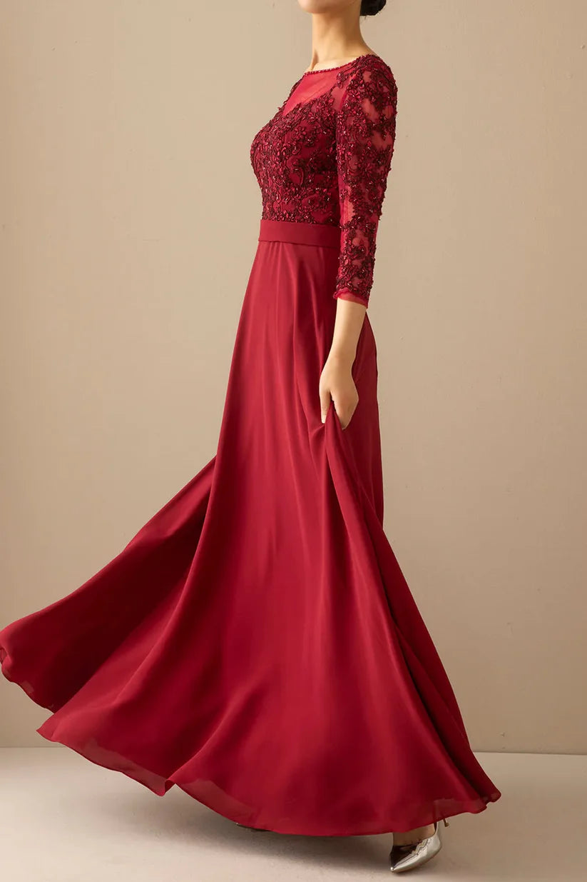 Mother of the Bride dress, A-line silhouette with delicate illusion sleeves.