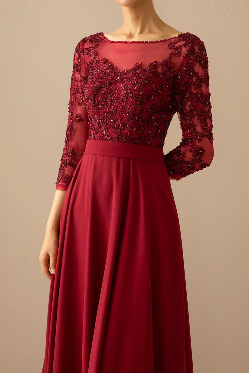 Sophisticated V-neck A-line dress for wedding occasions.