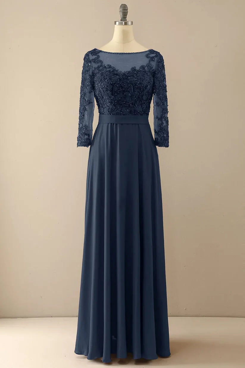 Graceful A-line gown with V-neck and sheer sleeves.